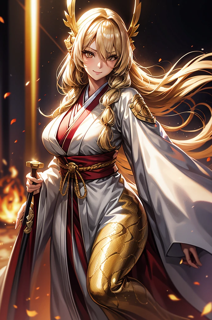 One woman, wearing white kimono, Long Hair, Blonde hair, Golden Eyes, snake pupils, Light makeup, Provocative smile, Big Breasts, holding sharp sword, full body, big hair, hair over eye, anime, cinematic lighting, cowboy shot, UHD, retina, masterpiece, accurate, anatomically correct, textured skin, super detail, high details, high quality, award winning, best quality, highres, 8k