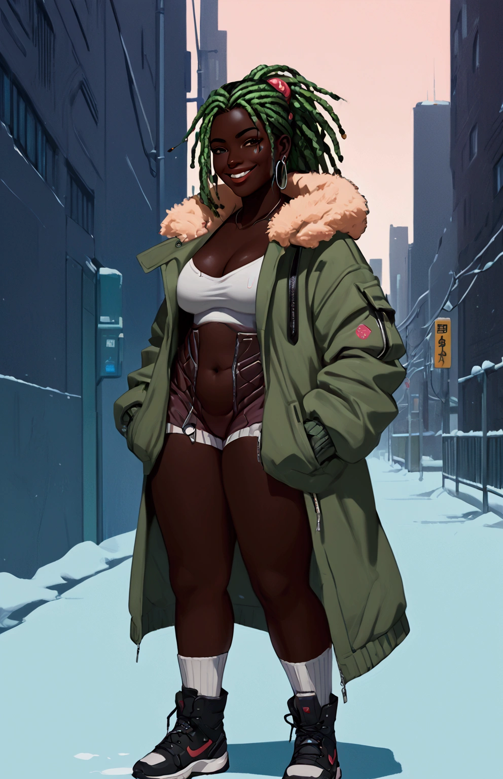 (masterpiece:1.2), (best quality, sfw), (ultra detailed), (8k, 4k, intricate),(halfbody-shot:1), (highly detailed:1.2),(detailed background:1.2),((dark skin, beatiful face,plump lips, smiling, sharp teeth)) (((black:0.75,magents:1.2, yellow:0.5))) ((big breasts, plump ass, thick thighs,))Image of a woman with black and green dreadlocks and a jacket posing for a photo, in style of digital illustration, full body illustration, urban girl fanart, digitally colored, in style of laurie greasley, colored illustration, full body:: snow outside::, full body details, detailed fashion illustration, she is wearing streetwear, woman in streetwear, lo-fi illustration style, illustration body illustration, character half body portrait, commission for high res, oc commission, anime vibes, cyberpunk art ultrarealistic 8k, cyberpunk style, hyperrealistic, cyberpunk character, trendin on artstation, cinematic full character, trending on artstation 4k, portrait of a cyberpunk cyborg, cinematic realistic portrait, cyberpunk hero perfectly photorealistic, incredibly detailed, UHD