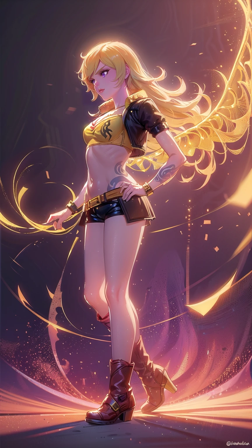 1girl, combining elements of Yang Xiao Long from "RWBY" and Lilith from "Borderlands", beautiful detailed eyes, beautiful detailed lips, extremely detailed face and portrait, long eyelashes, flowing golden hair, lilac/violet eyes, small bust, crop top, short shorts, wearing flat heeled boots, tattoos, glowing blue markings, posing confidently, fantasy landscape, ancient ruins, sunlight, volumetric lighting, cinematic, award winning digital art, intricate details, highly detailed, hyper realistic, 8k, masterpiece, (wide angle), (full length portrait), lilithbl2, bhands, glow particle, wings, undersized bra, skindentation, cleavage