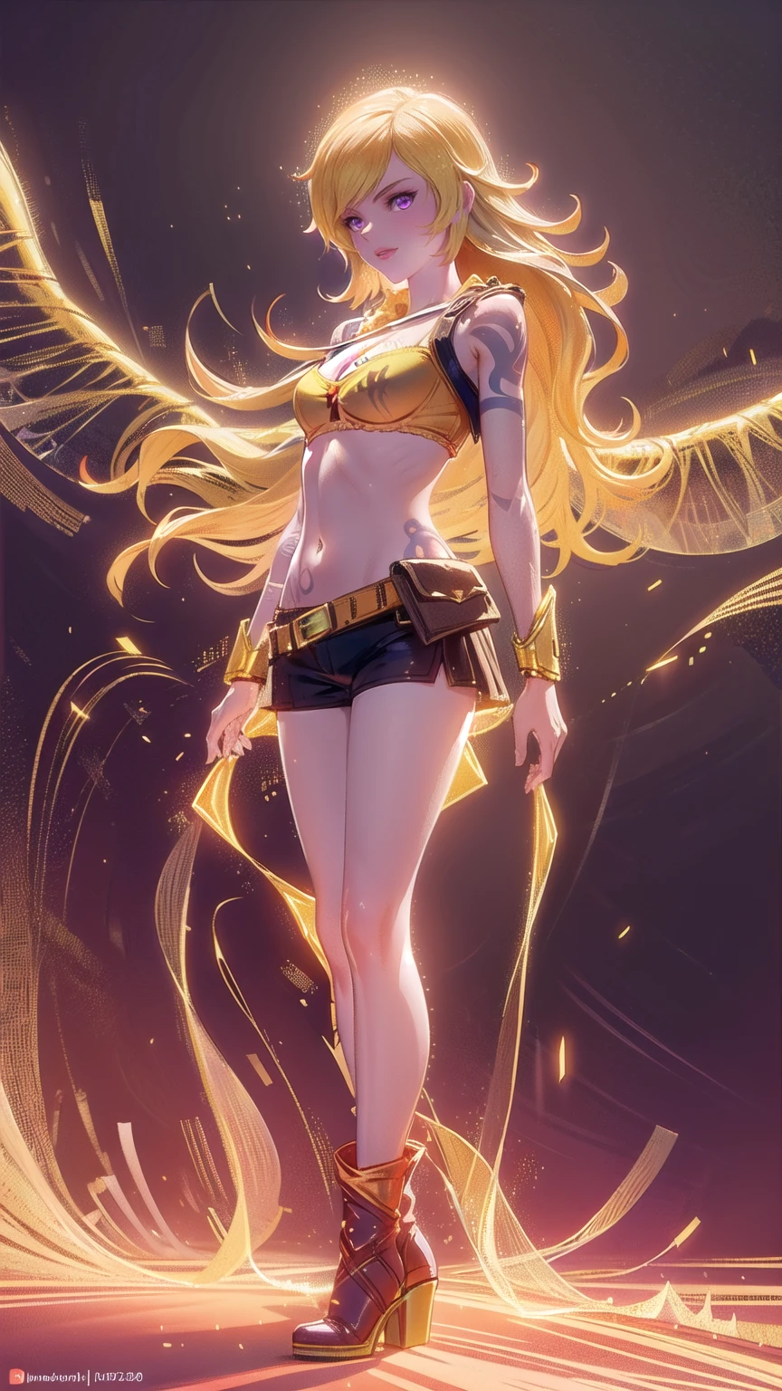 1girl, combining elements of Yang Xiao Long from "RWBY" and Lilith from "Borderlands", beautiful detailed eyes, beautiful detailed lips, extremely detailed face and portrait, long eyelashes, flowing golden hair, lilac/violet eyes, small bust, crop top, short shorts, wearing flat heeled boots, tattoos, glowing blue markings, posing confidently, fantasy landscape, ancient ruins, sunlight, volumetric lighting, cinematic, award winning digital art, intricate details, highly detailed, hyper realistic, 8k, masterpiece, (wide angle), (full length portrait), lilithbl2, bhands, glow particle, wings, undersized bra, skindentation, cleavage