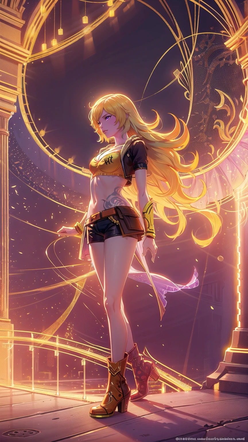 1girl, combining elements of Yang Xiao Long from "RWBY" and Lilith from "Borderlands", beautiful detailed eyes, beautiful detailed lips, extremely detailed face and portrait, long eyelashes, flowing golden hair, lilac/violet eyes, small bust, crop top, short shorts, wearing flat heeled boots, tattoos, glowing blue markings, posing confidently, fantasy landscape, ancient ruins, sunlight, volumetric lighting, cinematic, award winning digital art, intricate details, highly detailed, hyper realistic, 8k, masterpiece, (wide angle), (full length portrait), lilithbl2, bhands, glow particle, wings, undersized bra, skindentation, cleavage