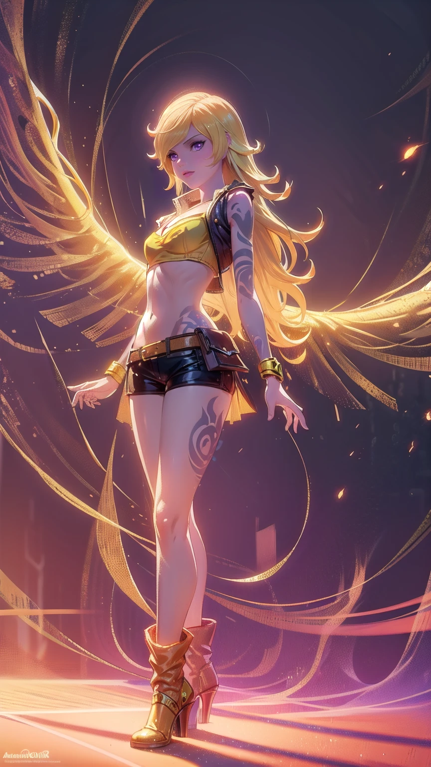 1girl, combining elements of Yang Xiao Long from "RWBY" and Lilith from "Borderlands", beautiful detailed eyes, beautiful detailed lips, extremely detailed face and portrait, long eyelashes, flowing golden hair, lilac/violet eyes, small bust, crop top, short shorts, wearing flat heeled boots, tattoos, glowing blue markings, posing confidently, fantasy landscape, ancient ruins, sunlight, volumetric lighting, cinematic, award winning digital art, intricate details, highly detailed, hyper realistic, 8k, masterpiece, (wide angle), (full length portrait), lilithbl2, bhands, glow particle, wings, undersized bra, skindentation, cleavage