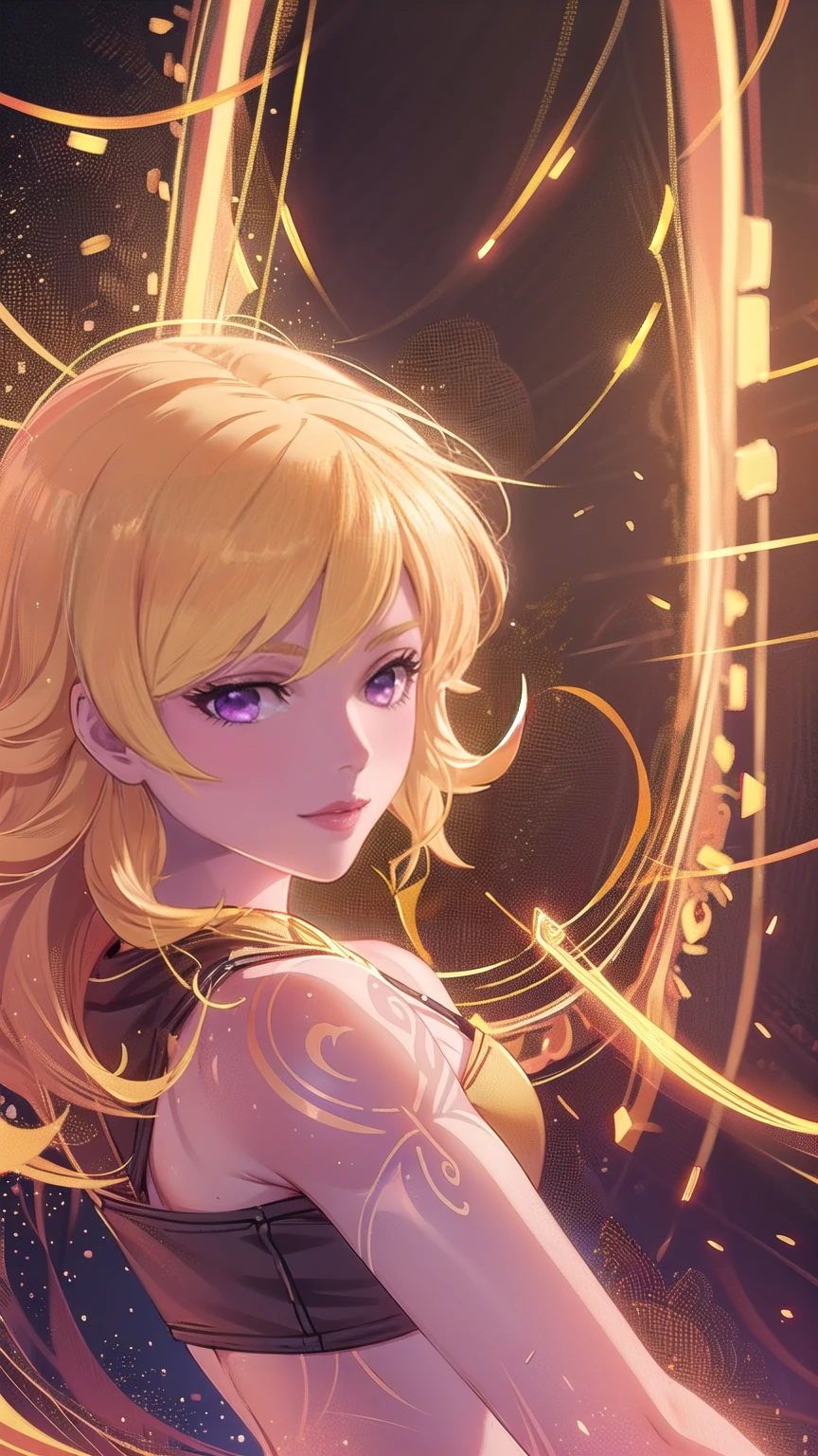 1girl, combining elements of Yang Xiao Long from "RWBY" and Lilith from "Borderlands", beautiful detailed eyes, beautiful detailed lips, extremely detailed face and portrait, long eyelashes, flowing golden hair, lilac/violet eyes, small bust, crop top, short shorts, wearing flat heeled boots, tattoos, glowing blue markings, posing confidently, fantasy landscape, ancient ruins, sunlight, volumetric lighting, cinematic, award winning digital art, intricate details, highly detailed, hyper realistic, 8k, masterpiece, (wide angle), (full length portrait), lilithbl2, bhands, glow particle, wings, undersized bra, skindentation, cleavage