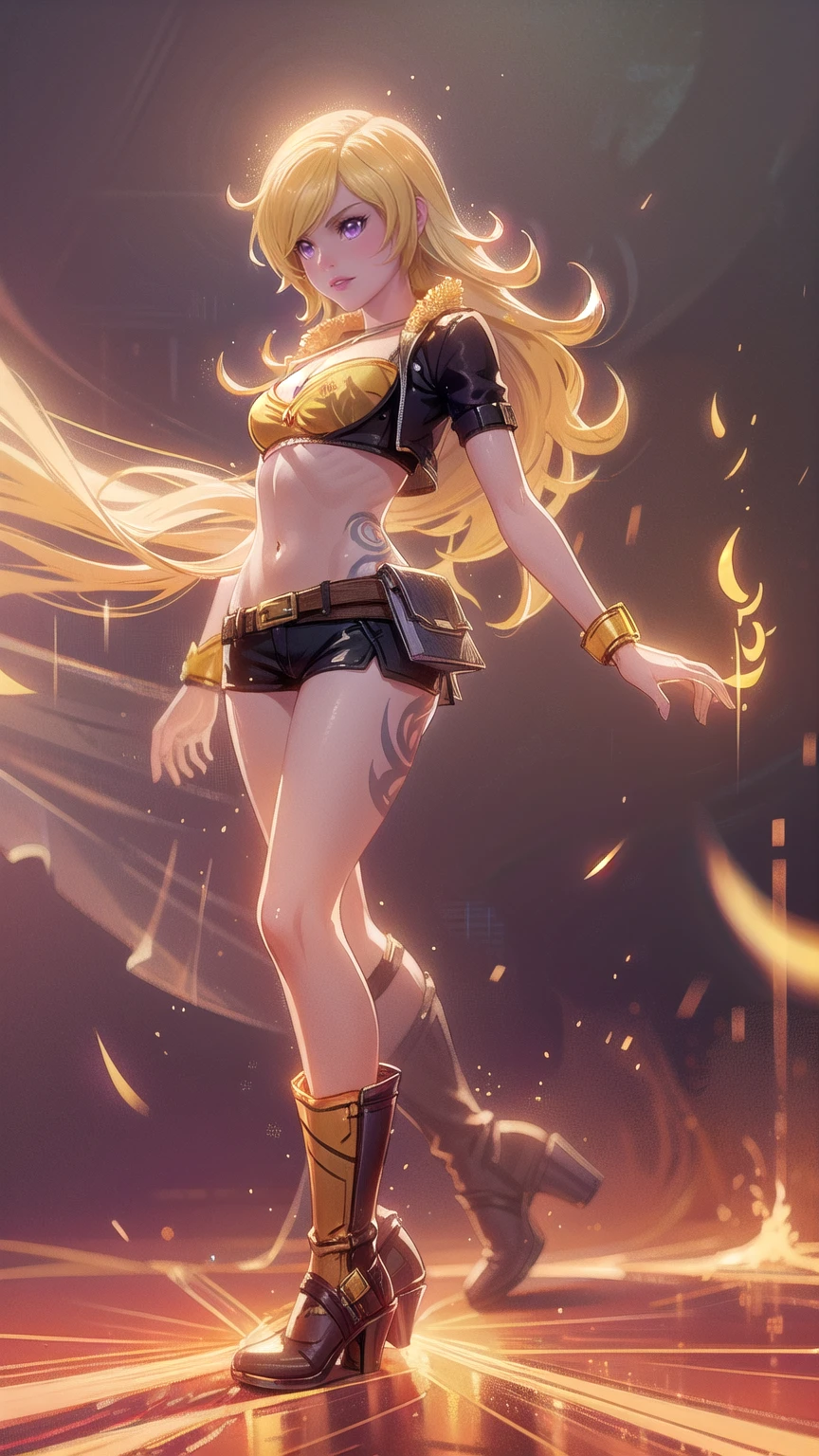 1girl, combining elements of Yang Xiao Long from "RWBY" and Lilith from "Borderlands", beautiful detailed eyes, beautiful detailed lips, extremely detailed face and portrait, long eyelashes, flowing golden hair, lilac/violet eyes, small bust, crop top, short shorts, wearing flat heeled boots, tattoos, glowing blue markings, posing confidently, fantasy landscape, ancient ruins, sunlight, volumetric lighting, cinematic, award winning digital art, intricate details, highly detailed, hyper realistic, 8k, masterpiece, (wide angle), (full length portrait), lilithbl2, bhands, glow particle, wings, undersized bra, skindentation, cleavage