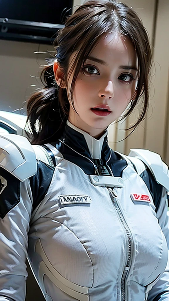 ((Beautiful:1.2)),masterpiece, Best Quality, ((Ultra-realistic:1.2)), Very detailed, 8k resolution, RAW Photos, Sharp focus, (One girl), Alone, Gorgeous face, Perfect body, Mature Woman, Age 25,  Portrait Mecha, White Armor,(( Nanosuit:1.4)), sexy, Disheveled Hair, Cinematic, Cinematic light, 