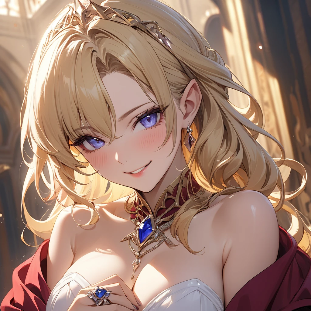 ((Best Quality)), ((masterpiece)), (detailed), （Perfect Face）、The woman is Seras Ashlain, a female evil goddess and wife, a blonde, medium-long-haired high elf wearing luxurious jewelry and an engagement ring.、The woman smiles sweetly and shows off her beautiful body