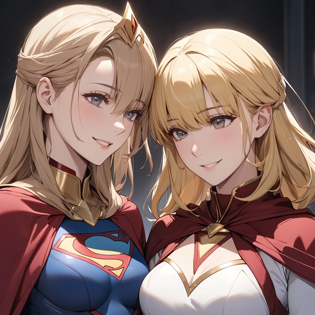 ((Best Quality)), ((masterpiece)), (detailed), （Perfect Face）、The woman is Seras Ashleyne, a supergirl and high elf with medium-long blonde hair.、The woman is smiling gently