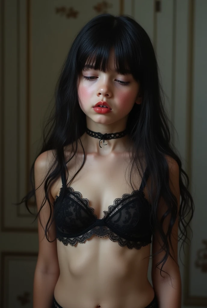 (Full body picture wide view) of heroic shy little child girl in seductive transparent lace black bra with lace and patterns, lace transparent stockings with lace with patterns and rivcontrolling other men, detailed anatomical features, high resolution, masterpiece, extremely detailed, the best quality, 8k, structured skin, super detailed, long black hair, french bangs, breasts, blushing, fangs, makeup, heterochromia, bashful, biting lip, one eye closed, red lips, faceGanzkörper-Charakterblatt, 