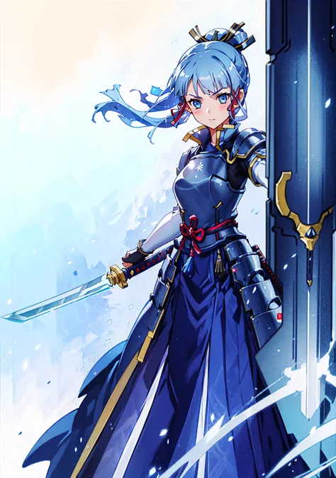 view the viewer, 1 girl,  highest quality, blue hair, blue eyes, japanese style armor, sword in hand, electricity, kamisato ayak...