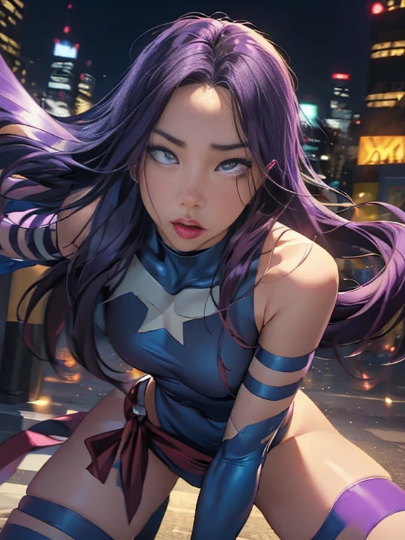 ((SUPERHEROINE PSYLOCKE )) , ((She has long hair)), (She is wearing her uniform), (masterpiece, best quality) 1girl, Alone, (sexy, Pretty woman, Perfect face, perfect eyes), image of 1/2 body , (PSYLOCKE, ahegao, rolling eyes), dynamic pose, superhero battle pose. . ((((action)))), ((movement)), (((motion))), ((dynamic)), background, a city in the night, city lights, blur background.
