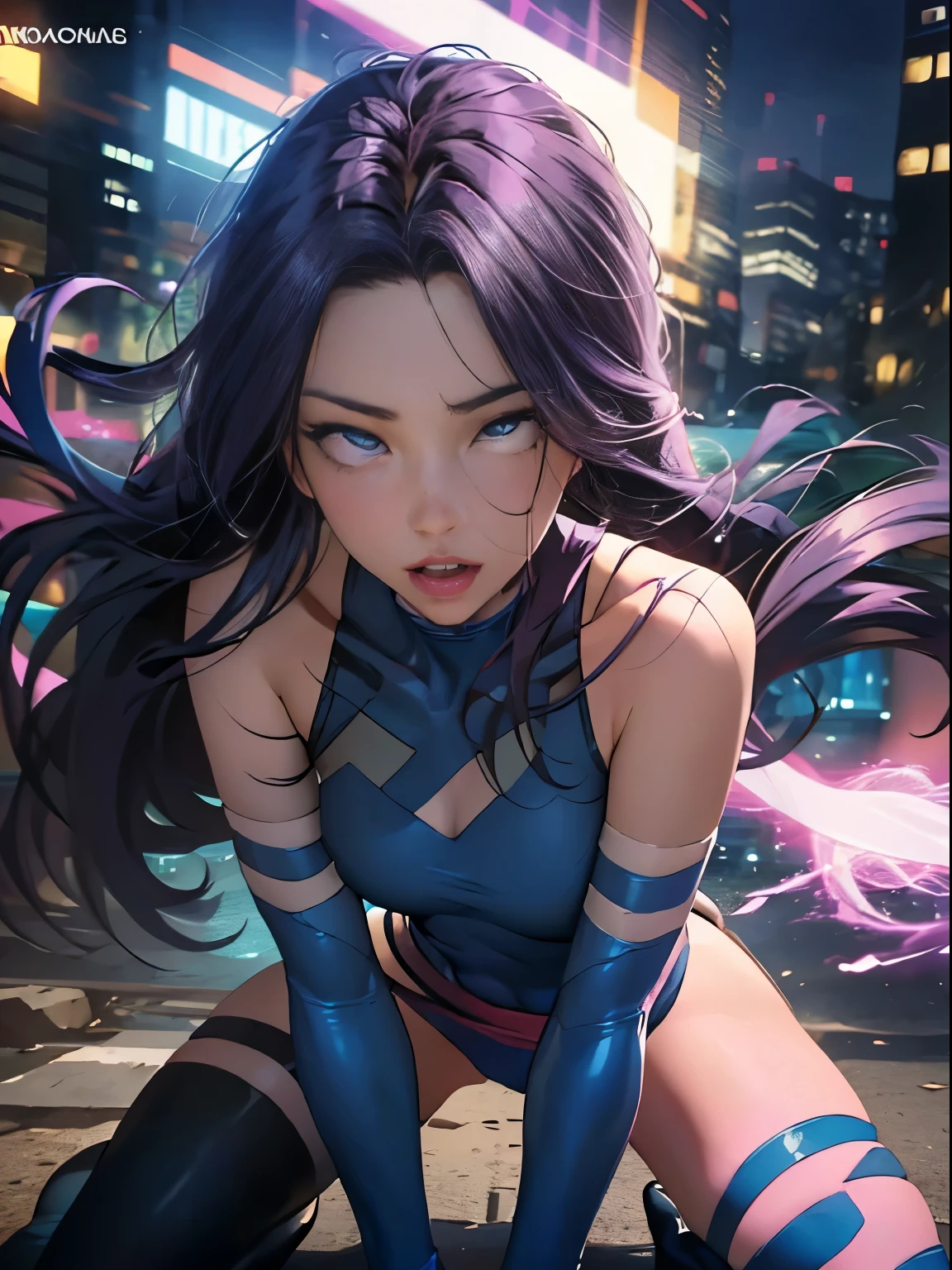 ((SUPERHEROINE PSYLOCKE )) , ((She has long hair)), (She is wearing her uniform), (masterpiece, best quality) 1girl, Alone, (sexy, Pretty woman, Perfect face, perfect eyes), image of 1/2 body , (PSYLOCKE, ahegao, rolling eyes), dynamic pose, superhero battle pose. . ((((action)))), ((movement)), (((motion))), ((dynamic)), background, a city in the night, city lights, blur background.
