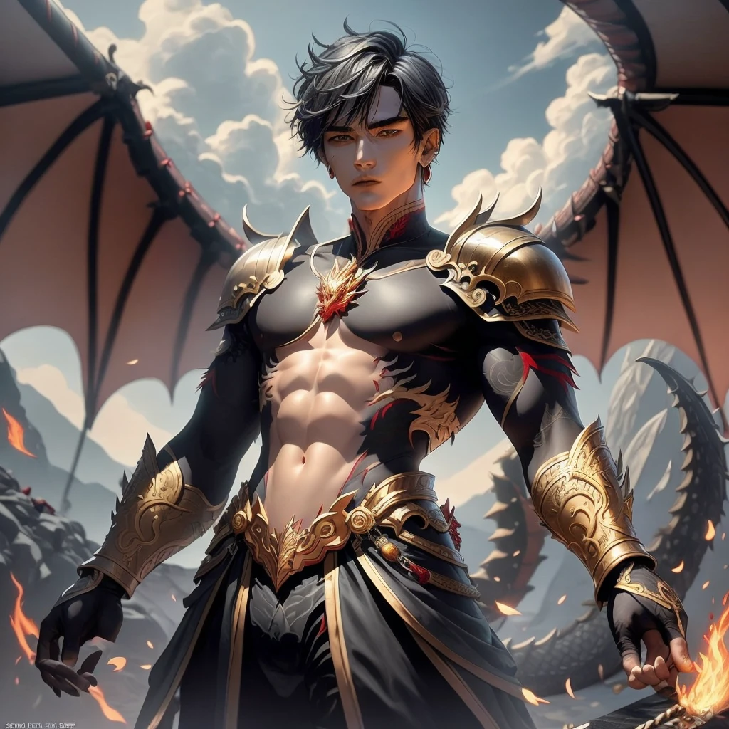 Half-dragon man with red scales and leather armor,
Emperor robe,king crown,holding sword, mythical Chinese dragon in the background,silver hair,moon, see pov,