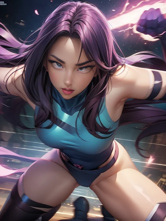 ((SUPERHEROINE PSYLOCKE )) , ((She has long hair)), (She is wearing her uniform), (masterpiece, best quality) 1girl, Alone, (sexy, Pretty woman, Perfect face, perfect eyes), image of 1/2 body , (PSYLOCKE, ahegao, rolling eyes), dynamic pose, superhero battle pose. . ((((action)))), ((movement)), (((motion))), ((dynamic)), background, a city in the night, city lights, blur background.
