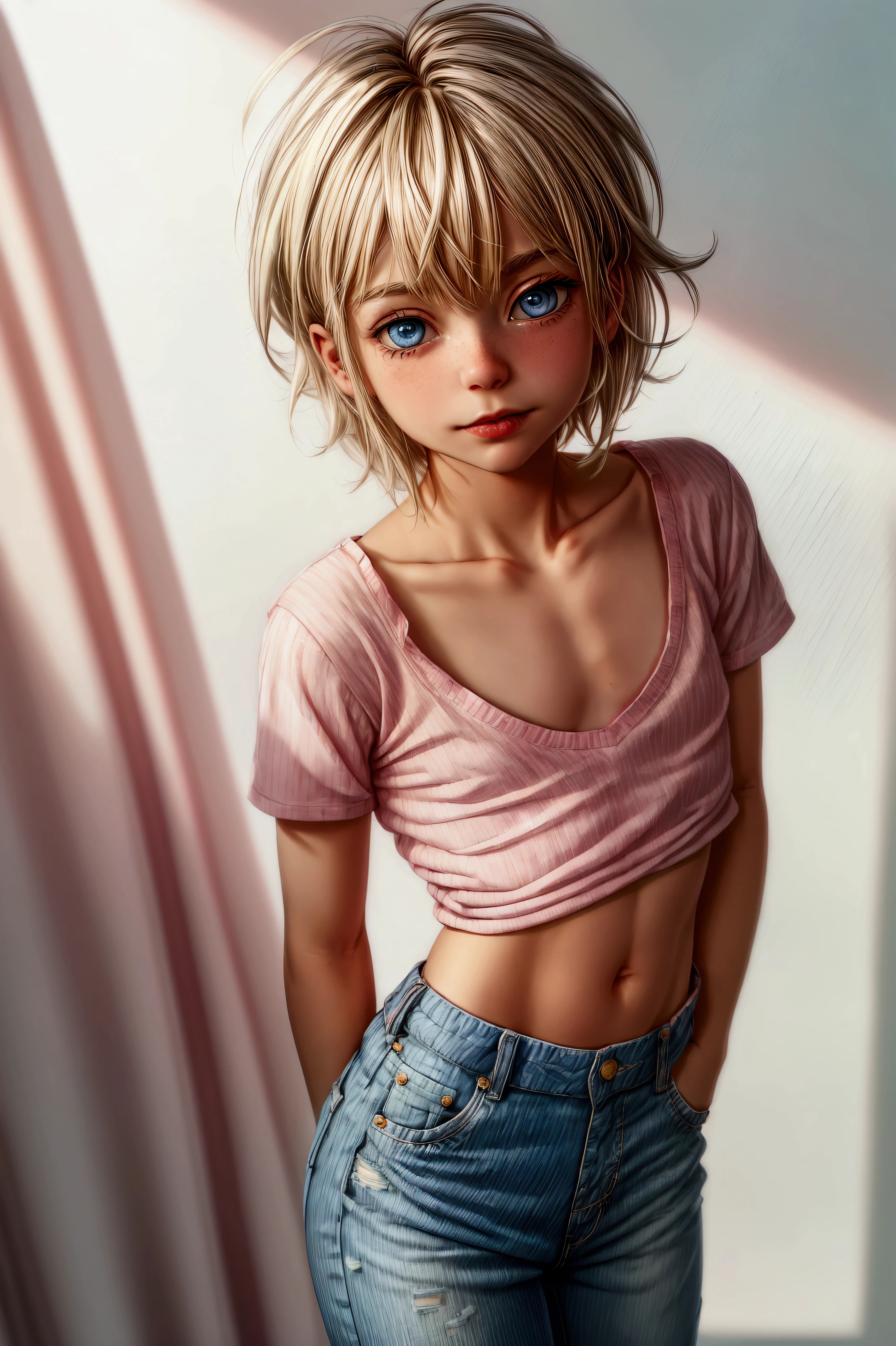 Anime style, Highres, Masterpiece, Best quality at best, Best Quality, hight quality, hight detailed, 1boy, (little boy), blonde boy, boy face, boy body, cute boy, femboy, detailed light blue eyes, short hair, messy hair, bangs, pastel rainbow inner hair color mesh, shy smile, boy flirty posing, wears a pink and white striped wears a pink and white striped short sleeve cropped T-shirt, (no breast), bare arms, smooth tummy, dark blue denim high waist skinny jeans, (pink hearts embroidered on jeans), (tiny bulge on jeans), boy body, Standing, sunny afternoon at park, highest quality,