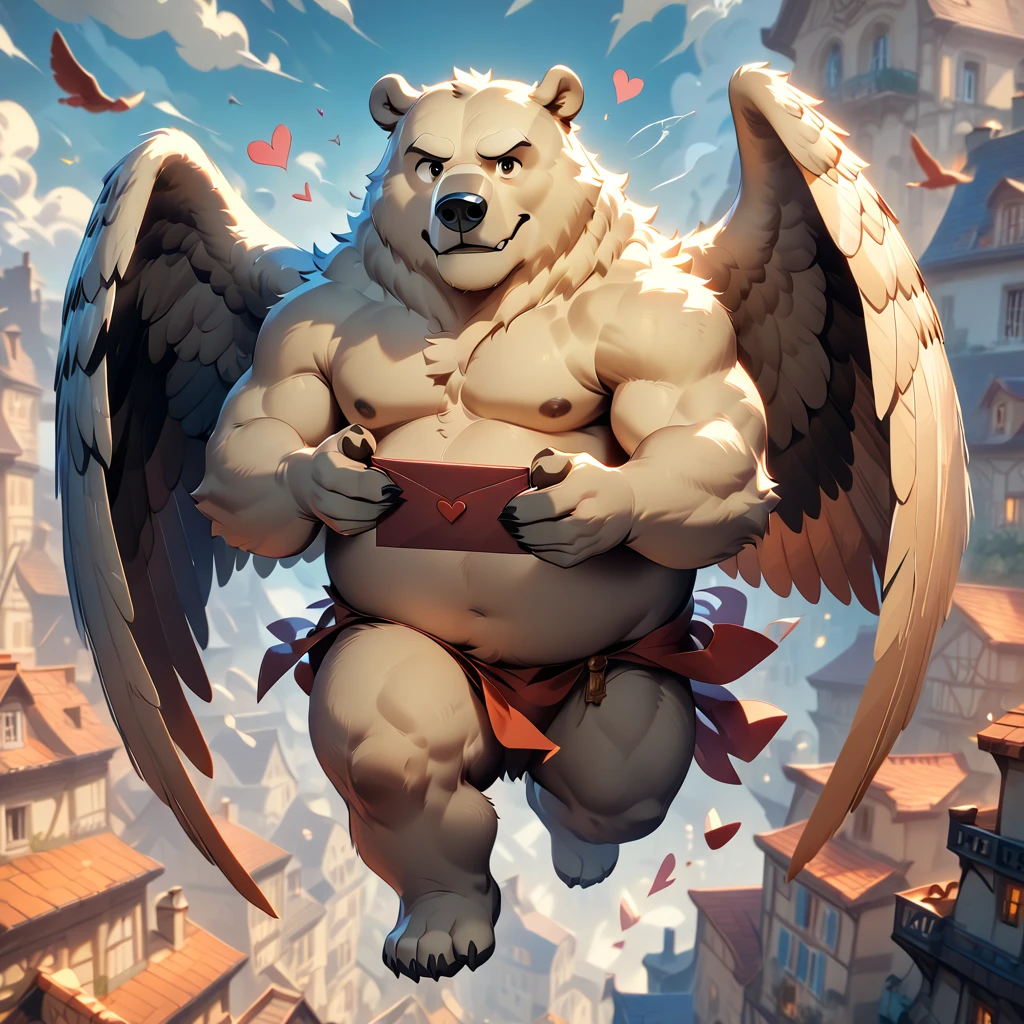 masterpiece, best quality, very aesthetic, absurdres, BREAK noise reduction, BREAK very high resolution, large filesize, full color, BREAK super fine illustration, insanity detailed, ultra detailed, BREAK chibi, [face:full body:10], looking away, from above, HDR, BREAK cupid, plump middle-aged polar bear man, angel wings, fluffy body, hairy skin, beautiful thigh gap, beautiful foot, detailed toe, detailed elegant tail, BREAK anime face, male face, big face, square jawline, detailed pupils, brown eyes, male eyes, big eyes, male eyebrows, innocent look, beautiful beard, SimplePositiveXLv2, BREAK happy, light smile, nude, hold with both hands letter of the envelope with heart, flying, cute pose, BREAK [simple background::12], morning, france, outdoor,