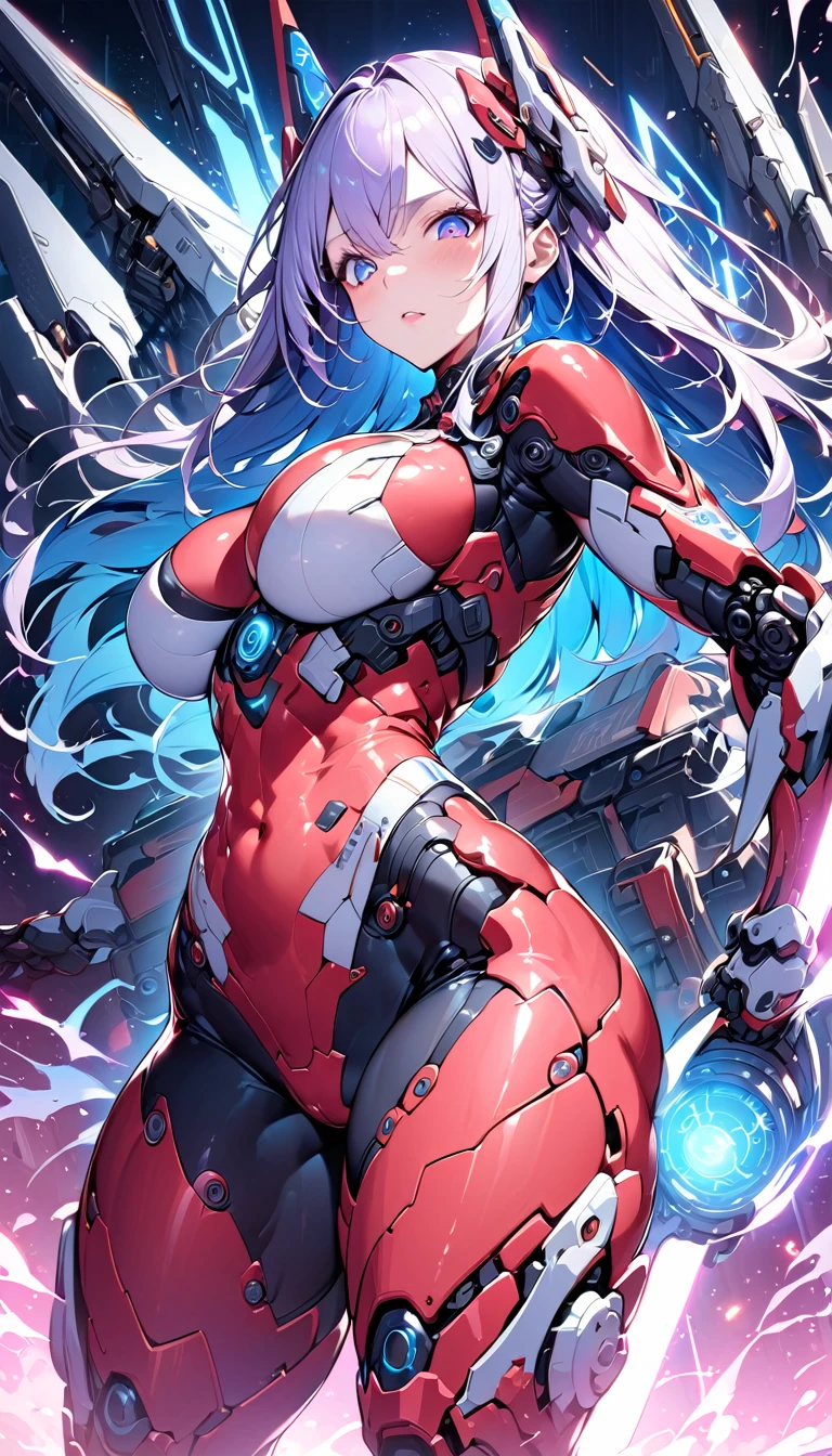 best quality,4k,8k,highres,masterpiece:1.2),ultra-detailed, extremely detailed eyes, extremely detailed body, (large masterpiece digital art), (detailed manga illustration), (detailed line art), ((perfect anatomy)), high quality, expressive eyes, full body, tall girl, detailed face, beautiful face, perfect face, breasts, cleavage, gloves, A photograph of mid-twenties Japanese female android made of shiny white and silver translucent glass and plastic, geisha makeup and hairstyle, silver metal internal body mechanisms, dynamic pose, flowing organic construction, glowing golden circuitry, colorful neon trim, glowing circuitry, neon trim, depth of field focus f/2.8, art by H.R. Giger, Greg Rutowski, bodysuit, thick thighs, toned, emblem, cinematic lighting, dynamic lighting, 4k resolution, dynamic pose, weapon, energy weapon, cover, mecha musume, fortified suit, mechanical parts, headgear, robot joints, bodysuit, deva battle suit, gloves,