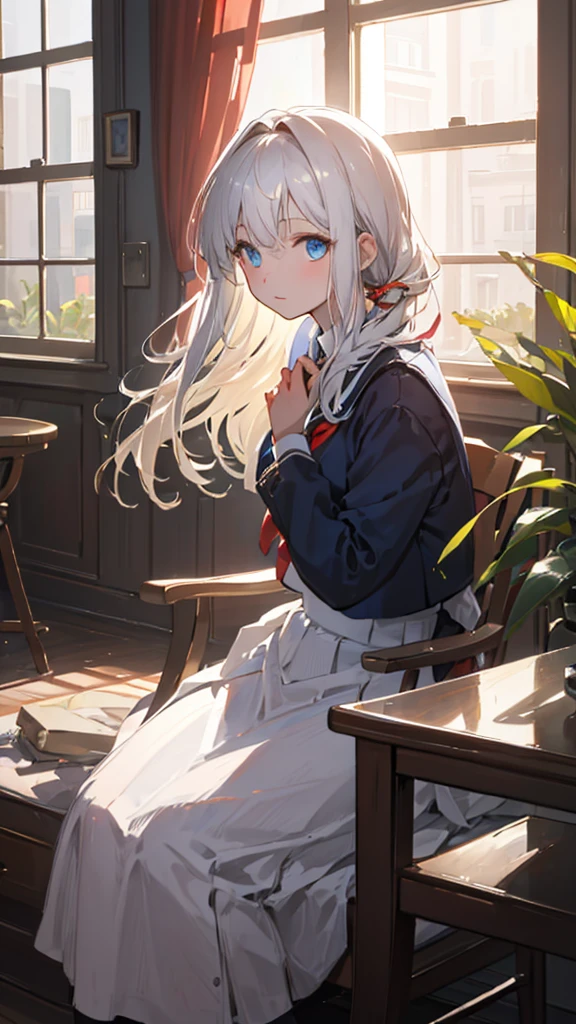 1 girl, white skin, white school uniform, black hair, blue eyes, detailed face, expressionless, sitting on a chair next to the window, the window curtains blowing in the wind, beautiful charming face exposed to sunlight, holding a drink cup, front view, vibrant color, soft sunlight, detailed face, middle hair, soft color