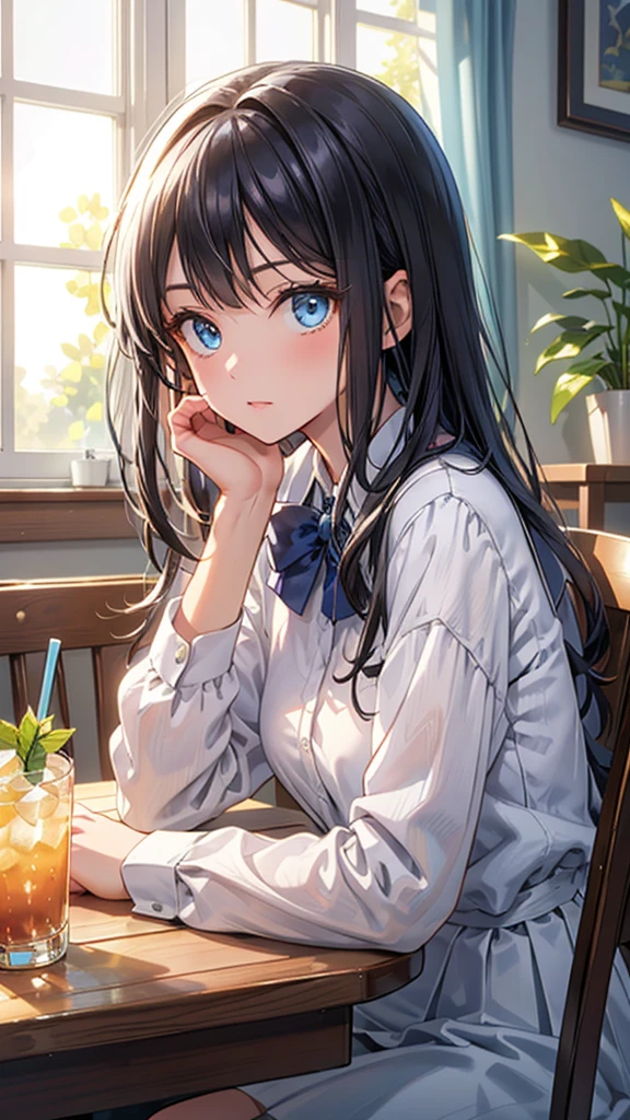 1 girl, white skin, white school uniform, black hair, blue eyes, detailed face, expressionless, sitting on a chair next to the window, the window curtains blowing in the wind, beautiful charming face exposed to sunlight, holding a drink cup, front view, vibrant color, soft sunlight, detailed face, no more object, 