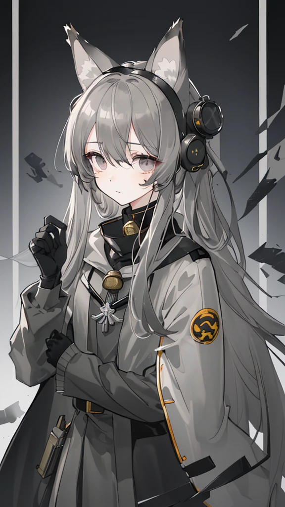 nervous，gray long hair，Dark Eyes，gray military uniform，animal ears, bell，coin，High resolution, goggles, 