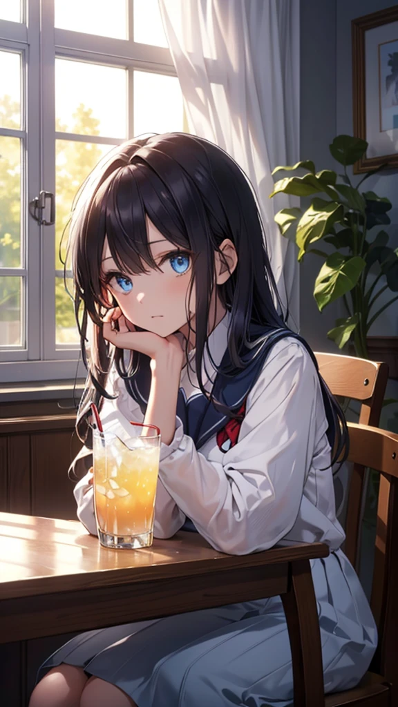 1 girl, white skin, white school uniform, black hair, blue eyes, detailed face, expressionless, sitting on a chair next to the window, the window curtains blowing in the wind, beautiful charming face exposed to sunlight, holding a drink cup, front view, vibrant color, soft sunlight, detailed face, dark hair