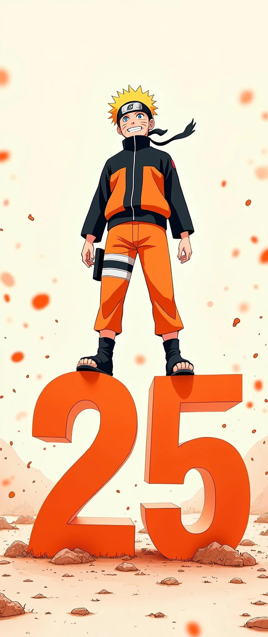 ("25"Naruto standing on the orange gradient letters:2.0),(The background is Naruto celebrating with his best smile:2.0),(Naruto:2.0),(comics:2.0),(Masashi Kishimoto:2.0),(Monochrome:2.0),(Minimalist:2.0),(Happy 25th anniversary)