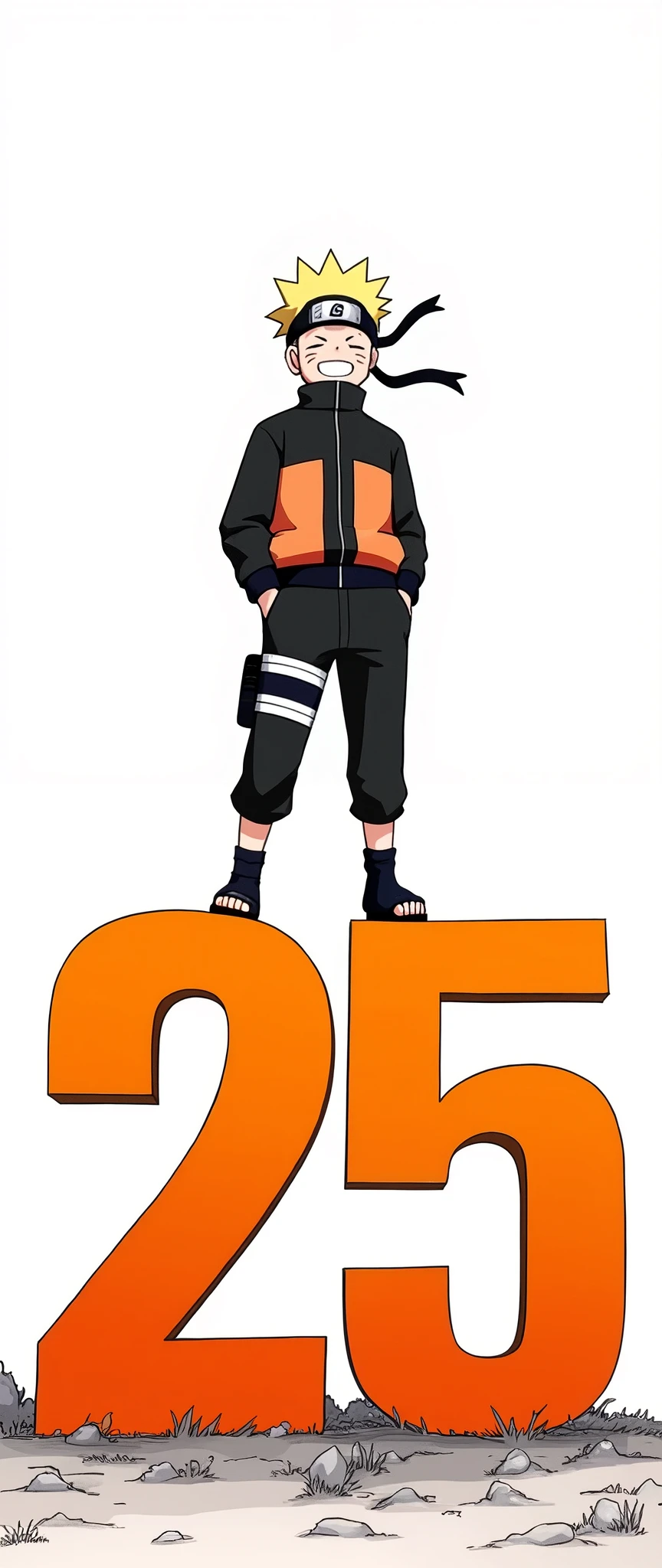 ("25"Naruto standing on the orange gradient letters:2.0),(The background is Naruto celebrating with his best smile:2.0),(Naruto:2.0),(comics:2.0),(Masashi Kishimoto:2.0),(Monochrome:2.0),(Minimalist:2.0),(Happy 25th anniversary)