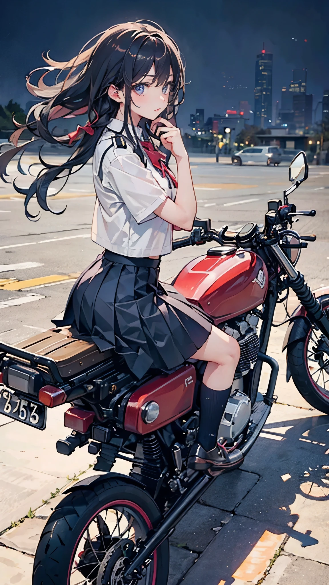 ((A high school girl riding a motorcycle with an engine lower than her knees,Wearing a uniform,Teenage Girls,Soft looking lips,Glossy skin,Hair is braided,Soft-looking skin:1.25)),(8k, Best Quality, masterpiece: 1.2, masterpiece, Attention to detail,Very detailed), Light color,Line art,Full Body Shot,Perfect Eyes,