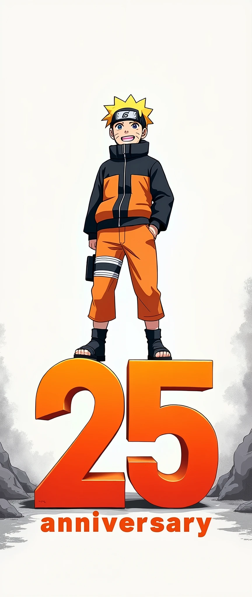 ("25"Naruto standing on the orange gradient letters:2.0),(The background is Naruto celebrating with his best smile:2.0),(Naruto:2.0),(comics:2.0),(Masashi Kishimoto:2.0),(Monochrome:2.0),(Minimalist:2.0),(Happy 25th anniversary)