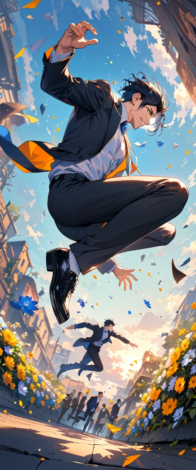 (pieces fly), (highest quality), very detailed, ((two men)), perfect face, beautiful face, very detailed face，full body shot, (black haired man:1.3)，(blue haired man:1.3)，suit，shirt，dynamic angle, flower, Two men are jumping,