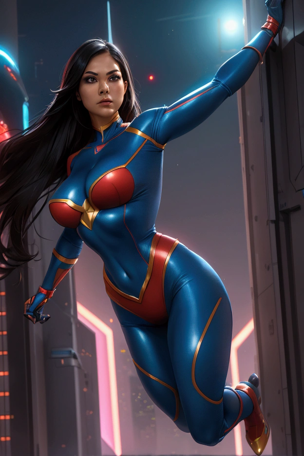 "A striking superheroine in a tight-fitting cosplay, showcasing her athleticism while leaping through a futuristic city."