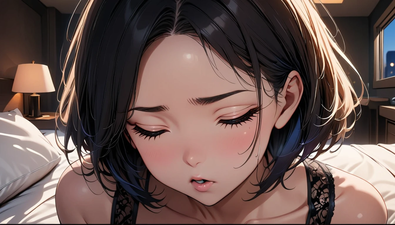 (high quality, 8k, 4K, High Contrast, masterpiece:1.2, 最high quality, Best aesthetics), Beautiful illustrations, High contrast, Flat Color, (Deep kissing a man:1.5)), High Angle Shot, ((1 girl)), Perfect Face,(Painful expression), ((Eyelids closed)), (Mouth open), Sweating,Cute and symmetrical face, Shiny skin, ((Tied hair)), Short Hair, black hair, Short Height, Beautiful Face, Beautiful fine details, Beautiful clavicle, Beautiful body, Beautiful breasts, ((The upper body is covered with a transparent black lace bra.),((The lower half is naked), evening, (Hotel Rooms), (1boy)