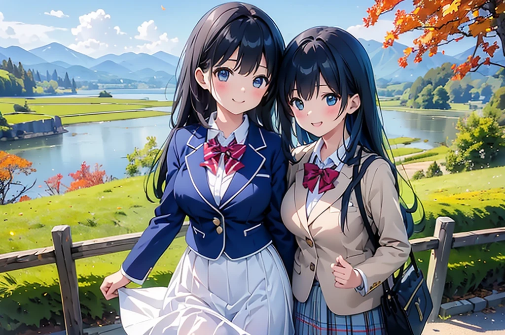 (((Masterpiece, 16k, Highest quality, Ultra-high resolution, Depth of subject))), ((Very detailed, Japanese countryside scenery, autumn leaves)), (((High school girl in blazer uniform, friend, ２people, skirt, Big Breasts))), Riding a bike, While chatting, Very cute smile, On the way home, 3pm, Peaceful scenery, Warm sunshine, Very accurate perspective, Super Wide View