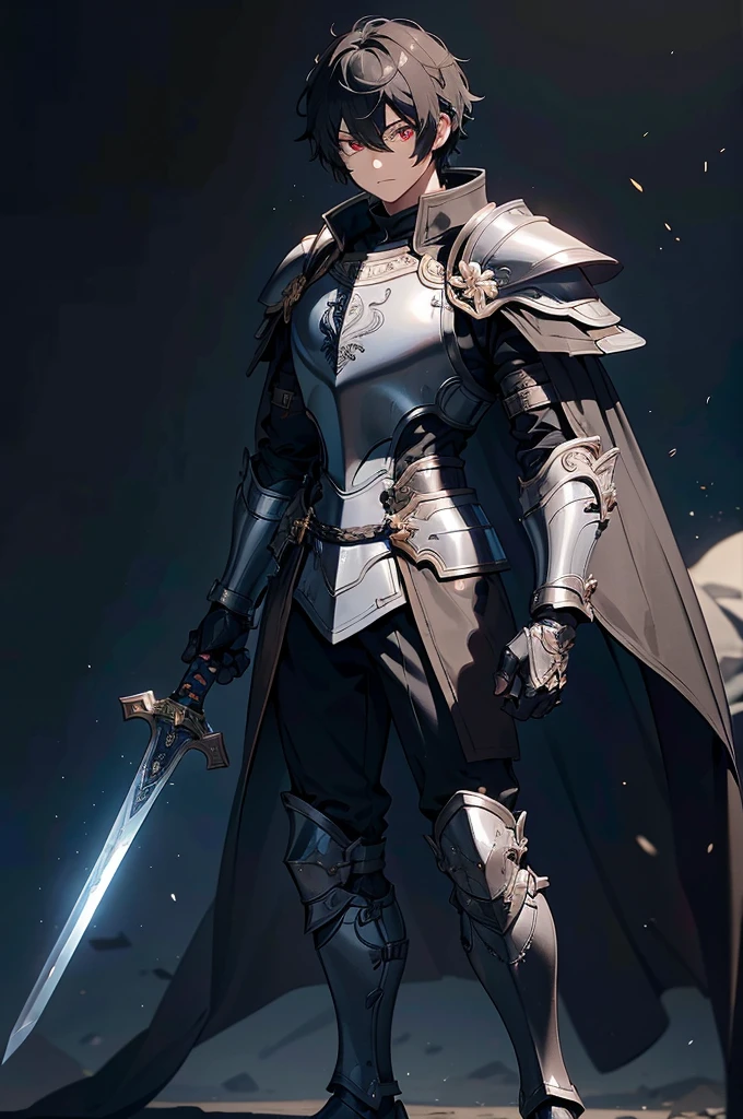 Black background with spotlight,　Full body painting、Young face、 male１people、（Short black hair, knight,Paladin,Gorgeous detailed armor dress, Gauntlet, Capelet, Shin guards,breastplate, cuff, Full Armor, Holding a sword,Detailed hand、 Dark red eyes, bangs, Short Hair, Short, unkempt hair）