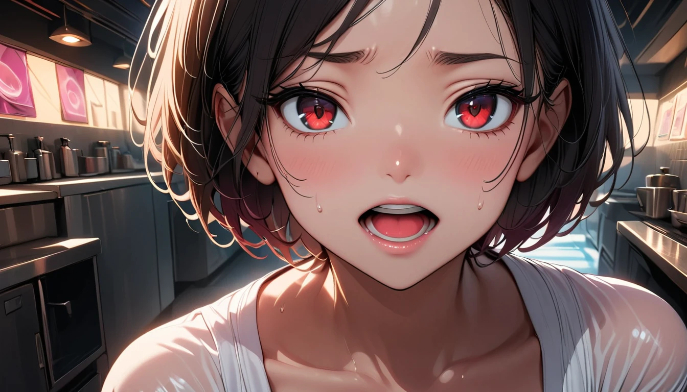 (high quality, 8k, 4K, High Contrast, masterpiece:1.2, 最high quality, Best aesthetics), Beautiful illustrations, High contrast, Flat Color, ((Doing sumata:1.5)), High Angle side Shot, ((1 girl)), Perfect Face,(Painful expression), ((Red eyes)), (Mouth open), Sweating,Cute and symmetrical face, Shiny skin, ((Extra Short Hair)), black hair, Short Height, Beautiful Face, Beautiful fine details, Beautiful clavicle, Beautiful body, Beautiful breasts, small breasts, ((A purple baby doll with a see-through upper body),((The lower half is naked), evening, (Soapland Room), (1boy), ((penis))