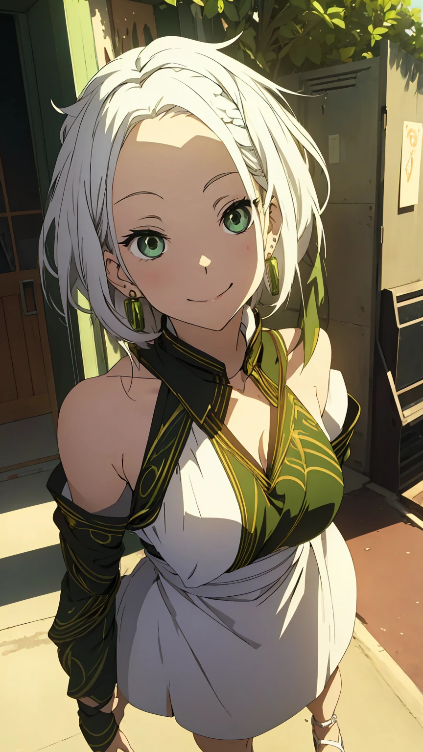 girl. ((white hair)). ((green eyes)). hairstyle. earrings. open shoulders. forehead, medium forehead, smiling, ((full body)).
