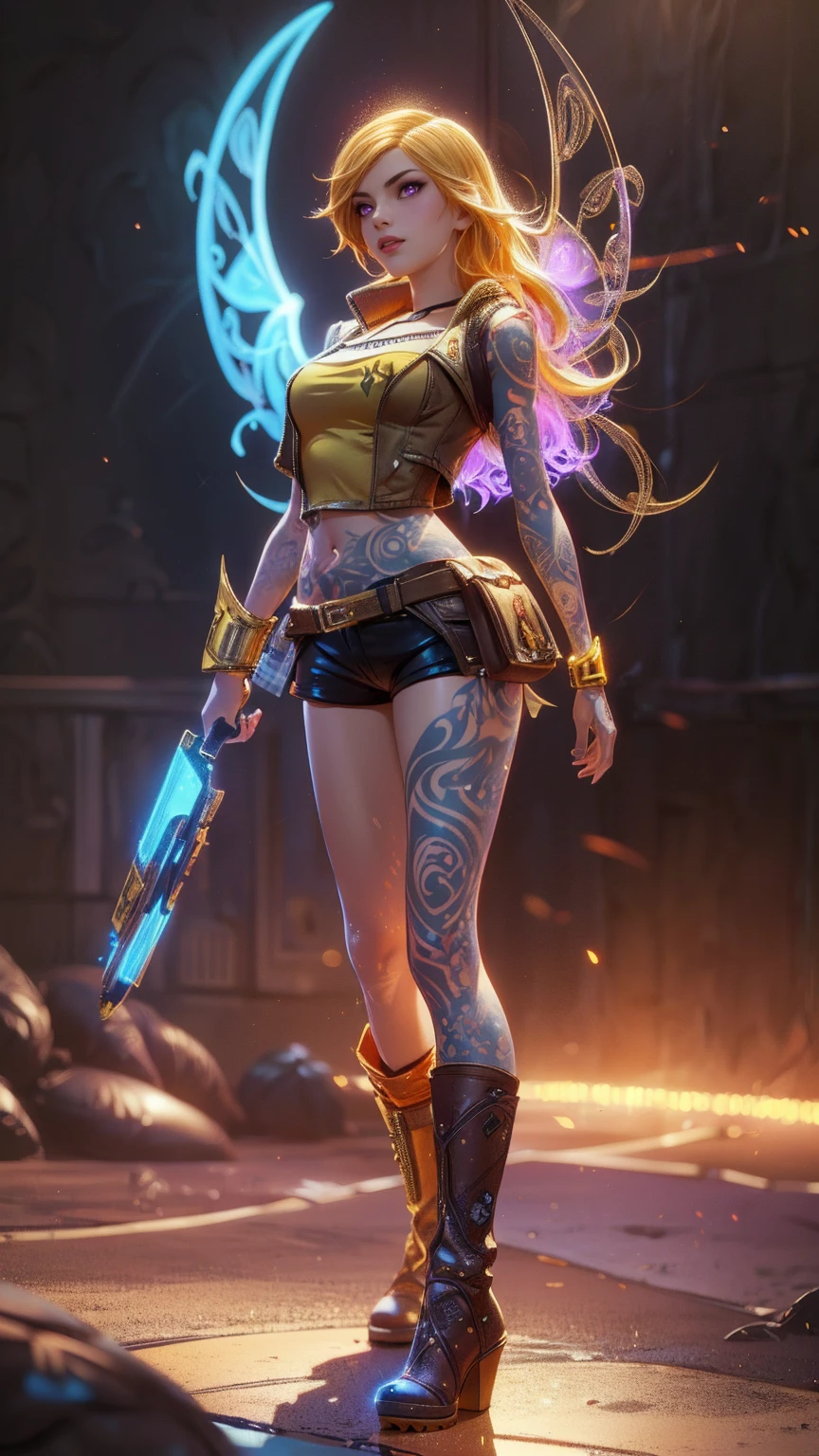 1girl, combining elements of Yang Xiao Long from "RWBY" and Lilith from "Borderlands", beautiful detailed eyes, beautiful detailed lips, extremely detailed face and portrait, long eyelashes, flowing golden hair, lilac/violet eyes, full medium bust, crop top, short shorts, wearing flat heeled boots, tattoos, (glowing blue markings), posing confidently, fantasy landscape, ancient ruins, sunlight, volumetric lighting, cinematic, award winning digital art, intricate details, highly detailed, hyper realistic, 8k, masterpiece, (wide angle), (full length portrait), lilithbl2, bhands, glow particle, wings, tattooed 