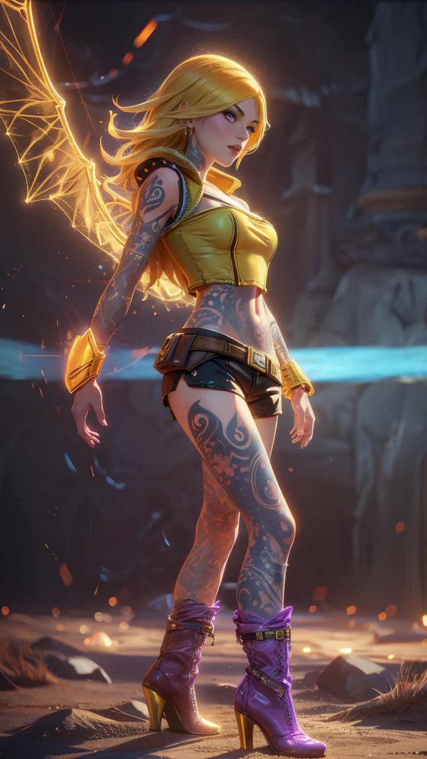 1girl, combining elements of Yang Xiao Long from "RWBY" and Lilith from "Borderlands", beautiful detailed eyes, beautiful detailed lips, extremely detailed face and portrait, long eyelashes, flowing golden hair, lilac/violet eyes, full medium bust, crop top, short shorts, wearing flat heeled boots, tattoos, (glowing blue markings), posing confidently, fantasy landscape, ancient ruins, sunlight, volumetric lighting, cinematic, award winning digital art, intricate details, highly detailed, hyper realistic, 8k, masterpiece, (wide angle), (full length portrait), lilithbl2, bhands, glow particle, wings, tattooed 