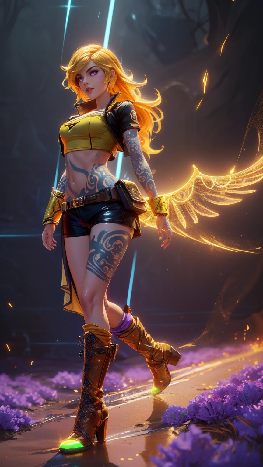 1girl, combining elements of Yang Xiao Long from "RWBY" and Lilith from "Borderlands", beautiful detailed eyes, beautiful detailed lips, extremely detailed face and portrait, long eyelashes, flowing golden hair, lilac/violet eyes, full medium bust, crop top, short shorts, wearing flat heeled boots, tattoos, (glowing blue markings), posing confidently, fantasy landscape, ancient ruins, sunlight, volumetric lighting, cinematic, award winning digital art, intricate details, highly detailed, hyper realistic, 8k, masterpiece, (wide angle), (full length portrait), lilithbl2, bhands, glow particle, wings, tattooed 