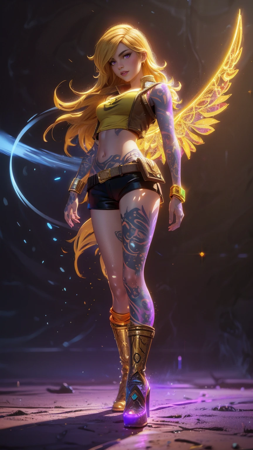 1girl, combining elements of Yang Xiao Long from "RWBY" and Lilith from "Borderlands", beautiful detailed eyes, beautiful detailed lips, extremely detailed face and portrait, long eyelashes, flowing golden hair, lilac/violet eyes, full medium bust, crop top, short shorts, wearing flat heeled boots, tattoos, (glowing blue markings), posing confidently, fantasy landscape, ancient ruins, sunlight, volumetric lighting, cinematic, award winning digital art, intricate details, highly detailed, hyper realistic, 8k, masterpiece, (wide angle), (full length portrait), lilithbl2, bhands, glow particle, wings, tattooed 