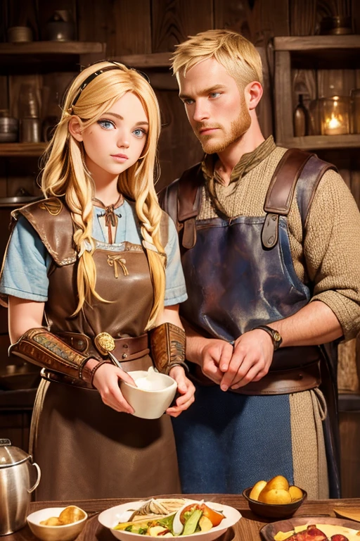 2 male and 1 female, viking people, female viking cooking dinner, pot on firewood, pot in beef and potato, standing stir wood spoon, another vikings eating beef and potato with wooden dish and spoon, Viking girl,12 century, Sweden Young girl, beautiful female , (Highly detailed face, Ordinary eyes, Blue eye, gold hair, Variegated eyes, Fuller lips, little Lips, big smile), (Middle breasts, Slender Whist, Middle Hip) ,(Viking costume, clothes, leather croak, leather wrist protect, Viking helmet), near log house, evening, night ,(masterpiece, highest quality, High resolution, Photo realistic, sharp, RAW Photos, wallpaper, perfection, Professional Lighting, Very detailed)