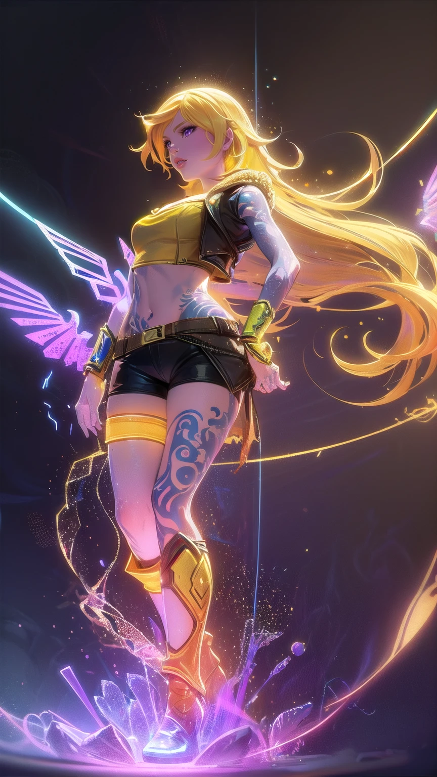 1girl, combining elements of Yang Xiao Long from "RWBY" and Lilith from "Borderlands", beautiful detailed eyes, beautiful detailed lips, extremely detailed face and portrait, long eyelashes, flowing golden hair, lilac/violet eyes, full medium bust, crop top, short shorts, wearing flat heeled boots, tattoos, (glowing blue markings), posing confidently, fantasy landscape, ancient ruins, sunlight, volumetric lighting, cinematic, award winning digital art, intricate details, highly detailed, hyper realistic, 8k, masterpiece, (wide angle), (full length portrait), lilithbl2, bhands, glow particle, wings, tattooed 