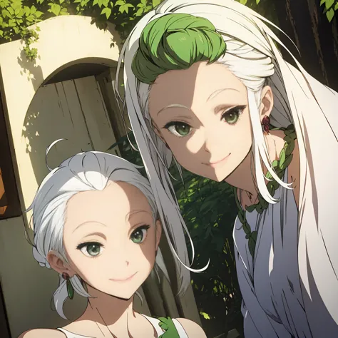 1girl. ((white hair)). ((green eyes)). hairstyle. earrings. open shoulders. forehead, medium forehead, smiling,