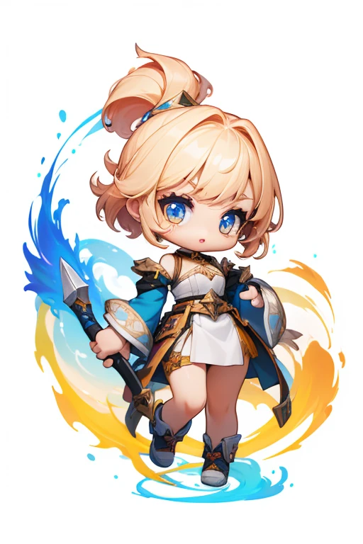 (((Best Quality))) , ((full body)), female, fantasy, (white background), chibi, holding weapon, standing,