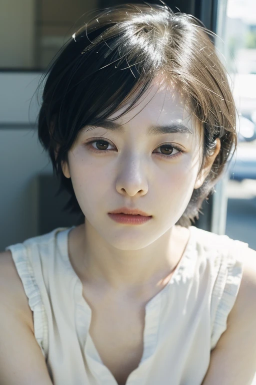 One Japanese girl, alone, androgynous, short hair, boyish、Droopy eyes、ennui、Fair skin、Sleepy face、Beauty、middle age, Japanese lady, Short Hair, accurate, Anatomically correct、泣き顔、涙