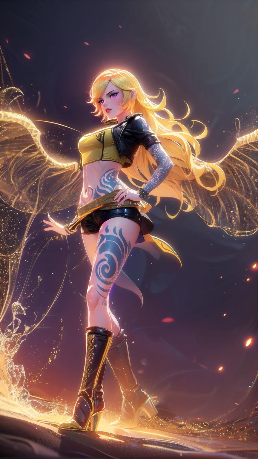 1girl, combining elements of Yang Xiao Long from "RWBY" and Lilith from "Borderlands", beautiful detailed eyes, beautiful detailed lips, extremely detailed face and portrait, long eyelashes, flowing golden hair, lilac/violet eyes, large bust, crop top, short shorts, wearing flat heeled boots, tattoos, (glowing blue markings), posing confidently, fantasy landscape, ancient ruins, sunlight, volumetric lighting, cinematic, award winning digital art, intricate details, highly detailed, hyper realistic, 8k, masterpiece, (wide angle), (full length portrait), lilithbl2, bhands, glow particle, wings, tattooed 