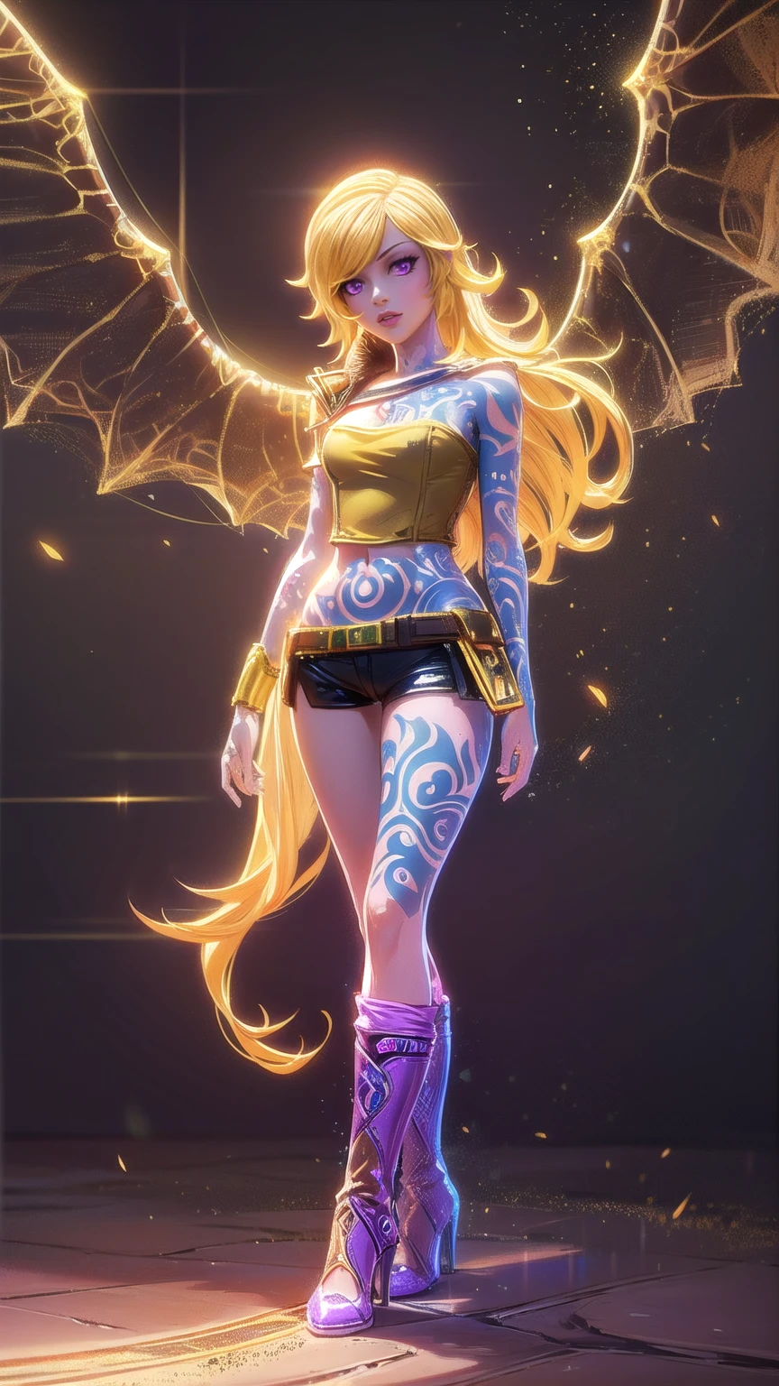 1girl, combining elements of Yang Xiao Long from "RWBY" and Lilith from "Borderlands", beautiful detailed eyes, beautiful detailed lips, extremely detailed face and portrait, long eyelashes, flowing golden hair, lilac/violet eyes, large bust, crop top, short shorts, wearing flat heeled boots, tattoos, (glowing blue markings), posing confidently, fantasy landscape, ancient ruins, sunlight, volumetric lighting, cinematic, award winning digital art, intricate details, highly detailed, hyper realistic, 8k, masterpiece, (wide angle), (full length portrait), lilithbl2, bhands, glow particle, wings, tattooed 