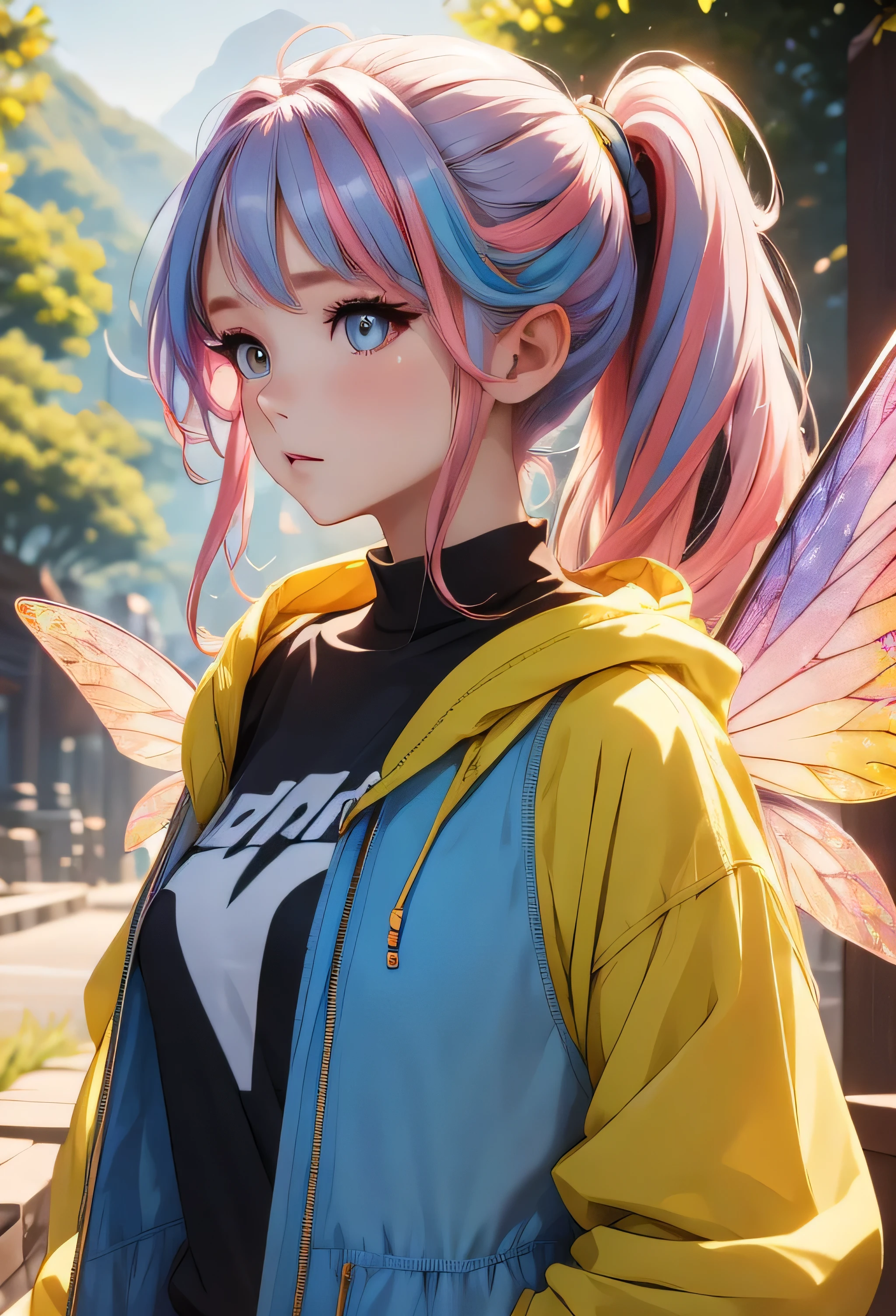 Young woman, facing the camera, piercing gaze, rainbow eyes, multicoloured hair, half up half down ponytail, two strands of hair falling down the side of her face, warm glossy rainbow jacket, teenage jacket, modest clothing, fully covered, flat chest, flat breasts, multi-colored wings, medium close up