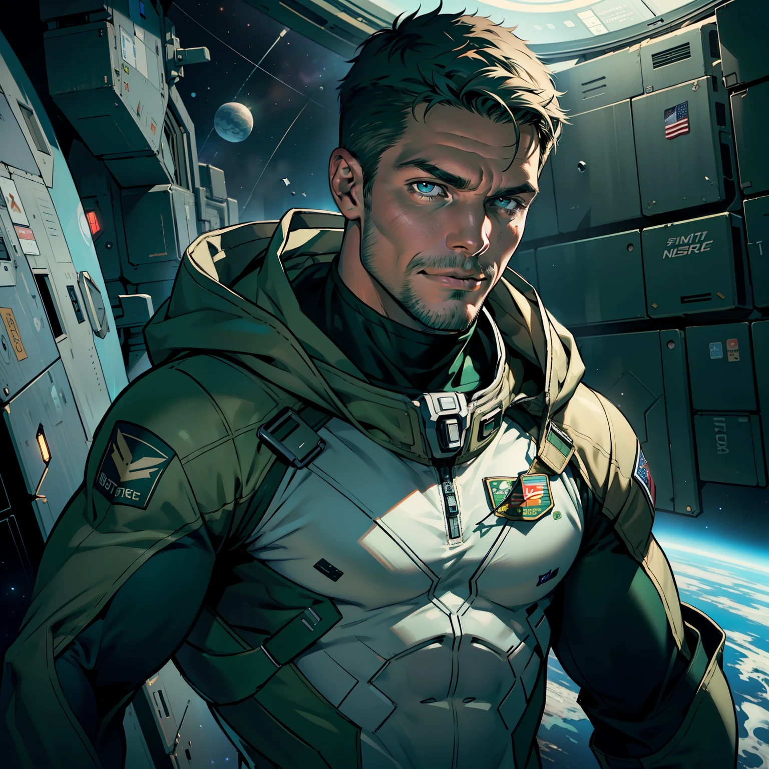 32k,masterpiece, best quality, detailed face, natural eyes,1man, solo mature man, muscled and mature, stephen amell as an astronaut wearing future space suit, dark green suit, showing muscles and bulge ,floating in the space inside a space shuttle , with "arrow" text and logo on his suit ,  full body, intricate Detailed background 