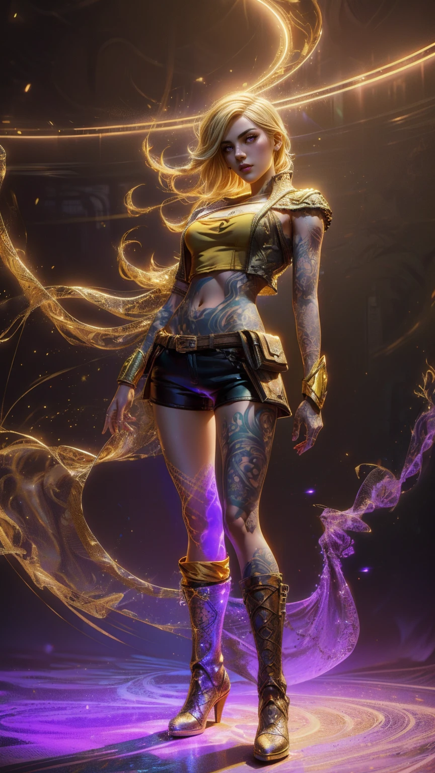 1girl, combining elements of Yang Xiao Long from "RWBY" and Lilith from "Borderlands", beautiful detailed eyes, beautiful detailed lips, extremely detailed face and portrait, long eyelashes, flowing golden hair, lilac/violet eyes, large bust, crop top, short shorts, wearing flat heeled boots, tattoos, (glowing blue markings), posing confidently, fantasy landscape, ancient ruins, sunlight, volumetric lighting, cinematic, award winning digital art, intricate details, highly detailed, hyper realistic, 8k, masterpiece, (wide angle), (full length portrait), lilithbl2, bhands, glow particle, wings, tattooed 