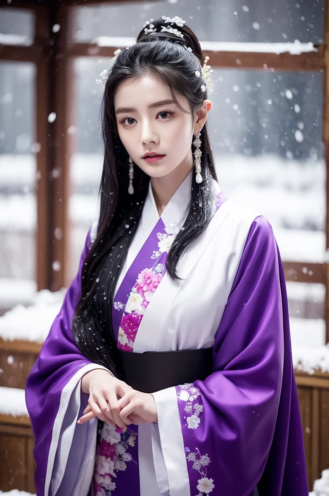 a woman in a purple kimono sitting in the snow, inspired by Zhang Han, cai xukun, inspired by Wu Daozi, beautiful androgynous prince, flowing hair and long robes, inspired by Guan Daosheng, yan, handsome prince, with his long black hair, heise jinyao, inspired by Bian Shoumin, xianxia fantasy